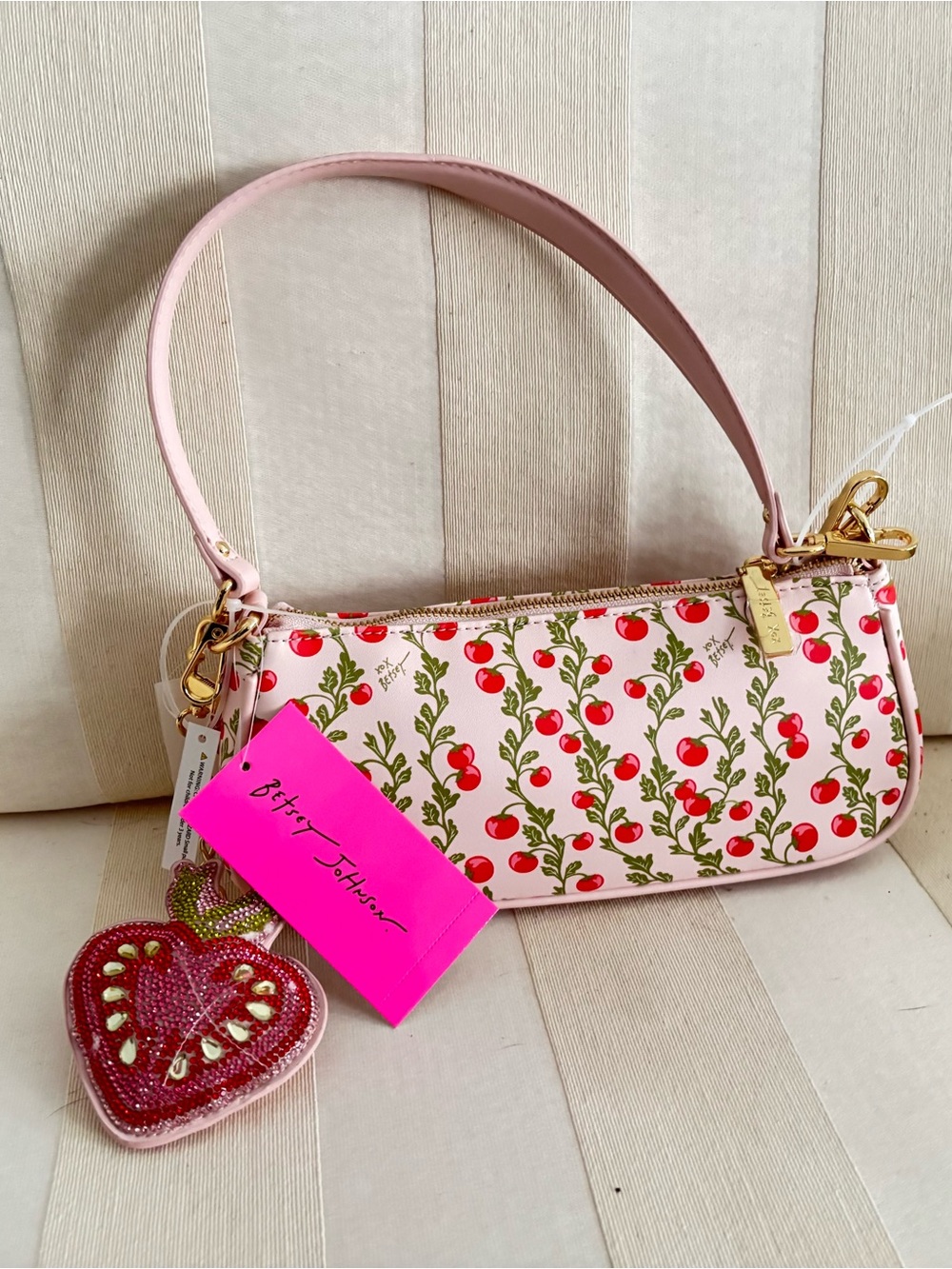 Betsey Johnson Pink Cherry/Tomato Print Mini Wristlet with Strawberry Charm